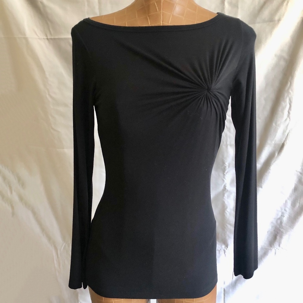 NWOT Asymmetric Pinched Front Boat Neck Top, Black